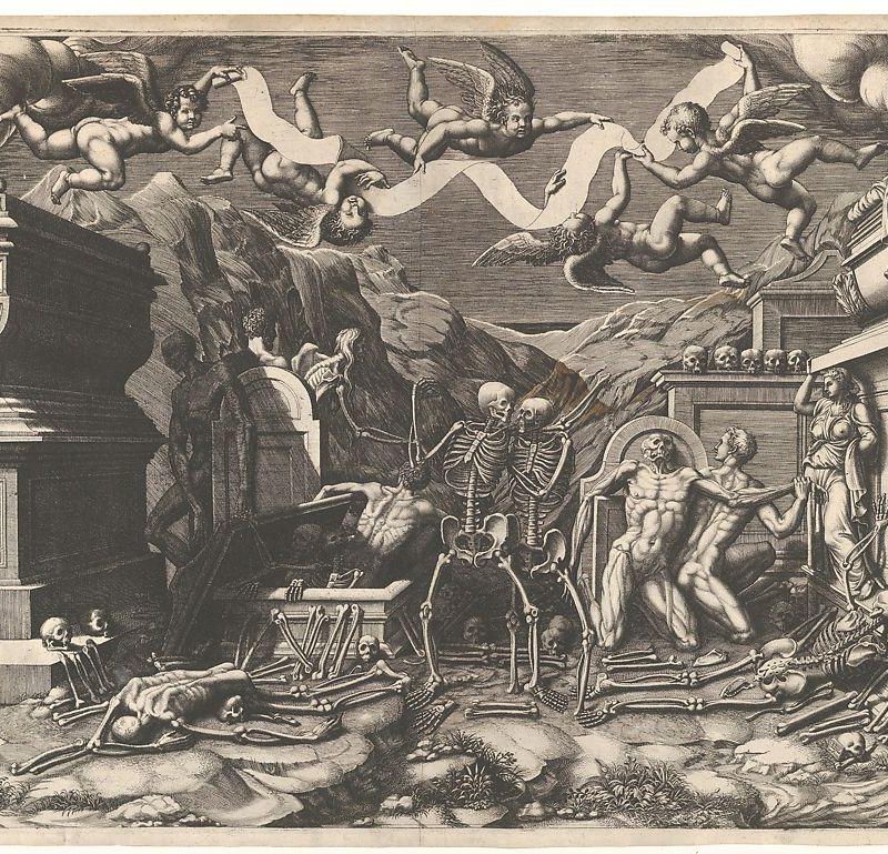 The Vision of Ezekiel; a group of corpses and skeletons emerging out of tombs, above them five winged putti holding a banderole