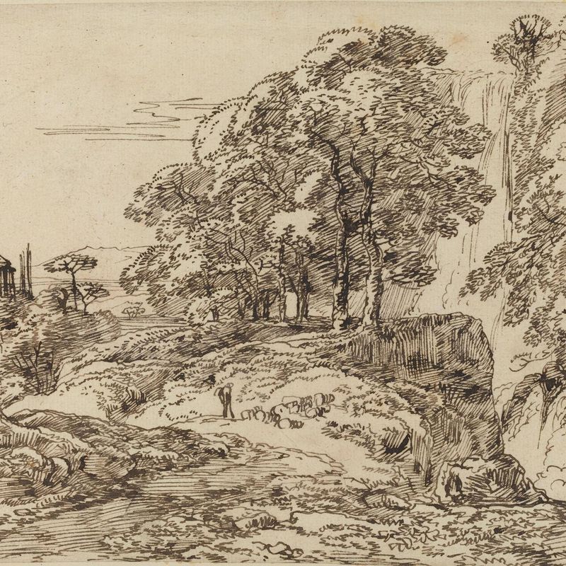Pastoral Landscape with a Waterfall and a Temple