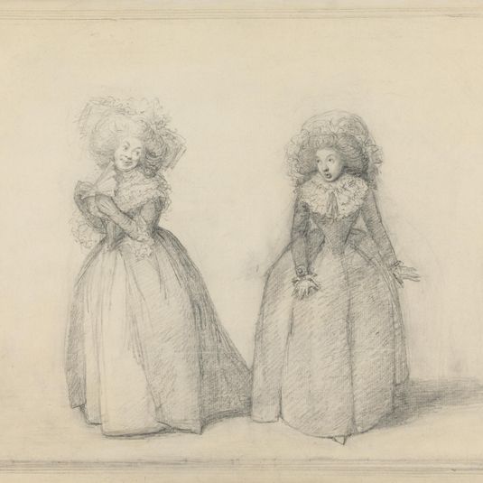 Two Ladies Standing in Conversation, Presumably a Scene from a Play