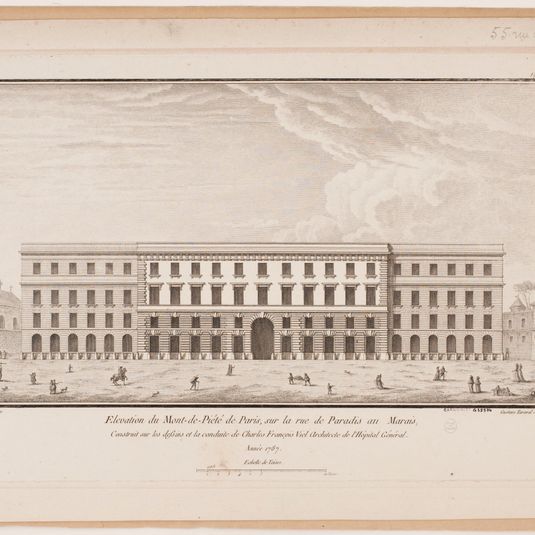 Elévation du Mont-de-Piété de Paris, sur la rue de Paradis au Marais, construit sur les dessins et la conduite de Charles François Viel architecte de l'hôpital général.