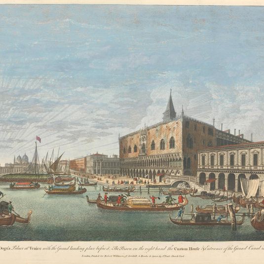 A View of the Doge's Palace at Venice with the Grand landing place before it. The Prison on the right hand the Custom House and Entrance of the Grand Canal in front
