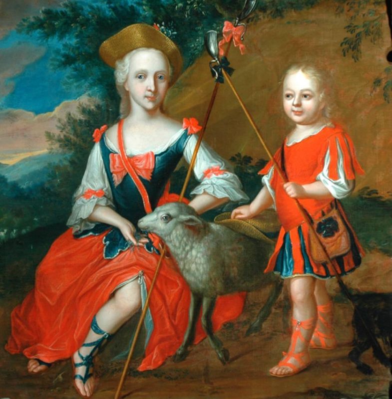 Boy and Girl dressed as Shepherd and Shepherdess with a Lamb