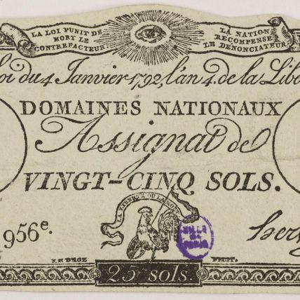 Assignat de 25 sols, série 956me, 4 janvier 1792