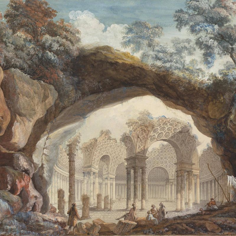 Architectural Fantasy: Ruins of a Circular Temple Seen through a Natural Arch