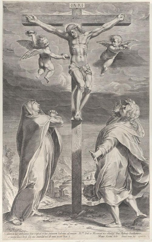 Crucifixion with the Virgin Mary and Saint John the Evangelist, angels overhead