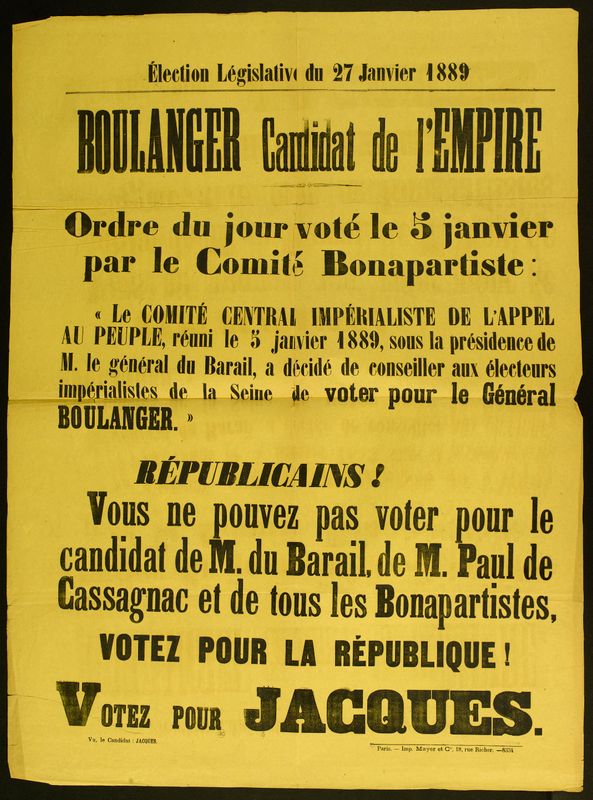 Election Législative du 27 Janvier 1889/ BOULANGER Candidat de l'EMPIRE