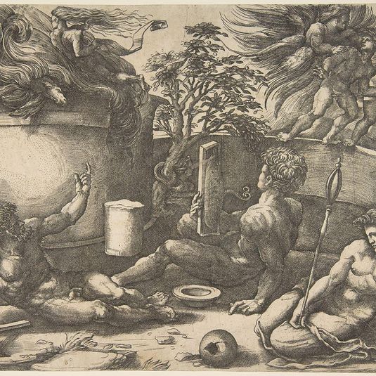 Cain holding a mirror watching his sacrifice engulfed in flames, Adam and Eve seated nearby; in the upper right an angel expelling them from Paradise