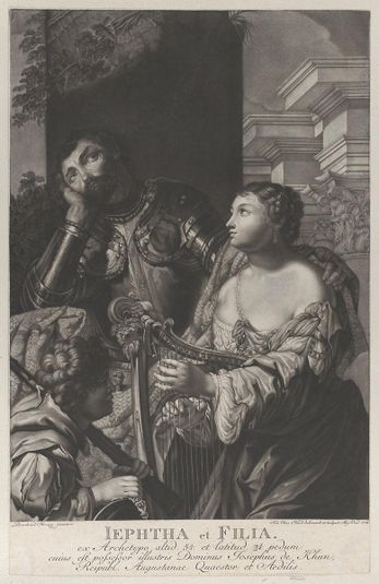 Jephtha dressed in armor looking up in despair, and his daughter holds a harp at right
