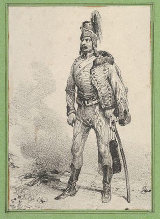 Standing soldier with his jacket on one shoulder