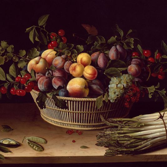 Still Life with a Basket of Fruit and a Bunch of Asparagus