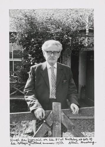 Hugh MacDiarmid on his 81'st Birthday at gate of his cottage, Biggar, Scotland summer 1973.