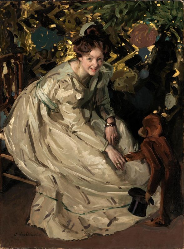 Woman in Arbor with Monkey