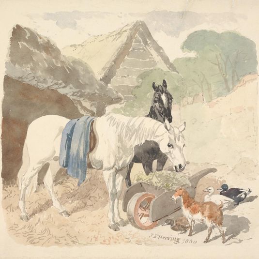 Two Horses Eating From a Wheel-Barrow Watched by a Goat and Three Ducks
