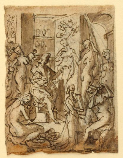 Recto: Zeuxis painting Helen; Verso: Studies of figures for an illustraiton of the eighth circle, tenth bolgia of Dante's Inferno (Falsifiers: Maestro Adamo, Sinon of Troy, Potiphar's Wife)