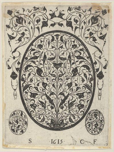 Blackwork Print with Foliate Scrolls in an Oval at Center, from a Series of Blackwork Prints for Goldsmiths' Work