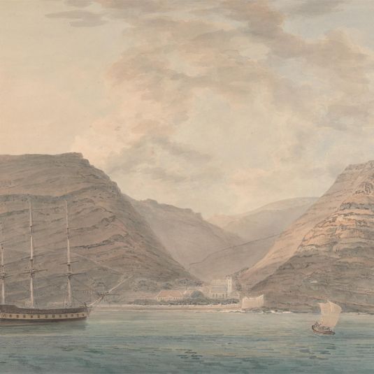 Man of War Moored in Harbor, Mountains in the Background