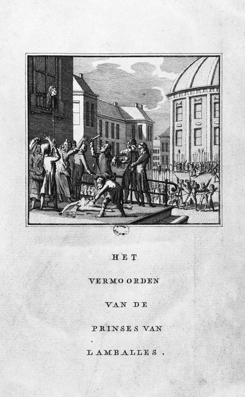 Représentation fantaisiste hollandaise de l'assassinat de Marie Thérèse Louise, princesse de Lamballe, prison de l'hôtel de la Force actuels 2-4, rue du Roi-de-Sicile, 2 septembre 1792. Révolution française.