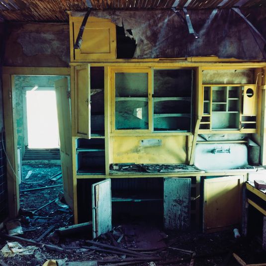 Kitchen in a house in Ludlow, eastern Colorado, July 6, 1999