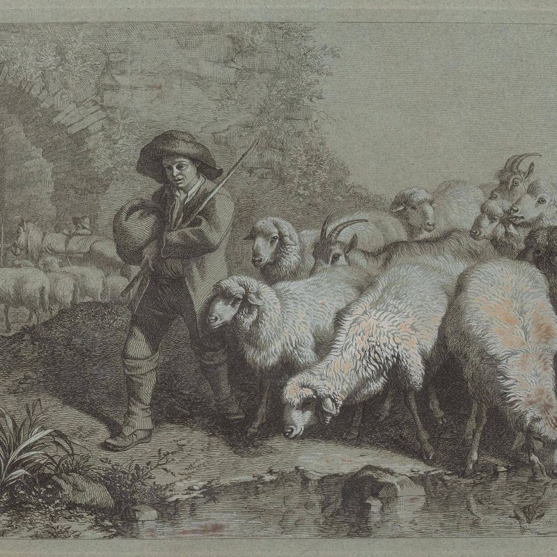 Shepherd with a Sack Driving a Flock