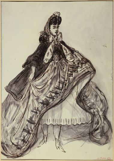 Étude de femme en pied, la jupe retroussée, vers 1860-1864.