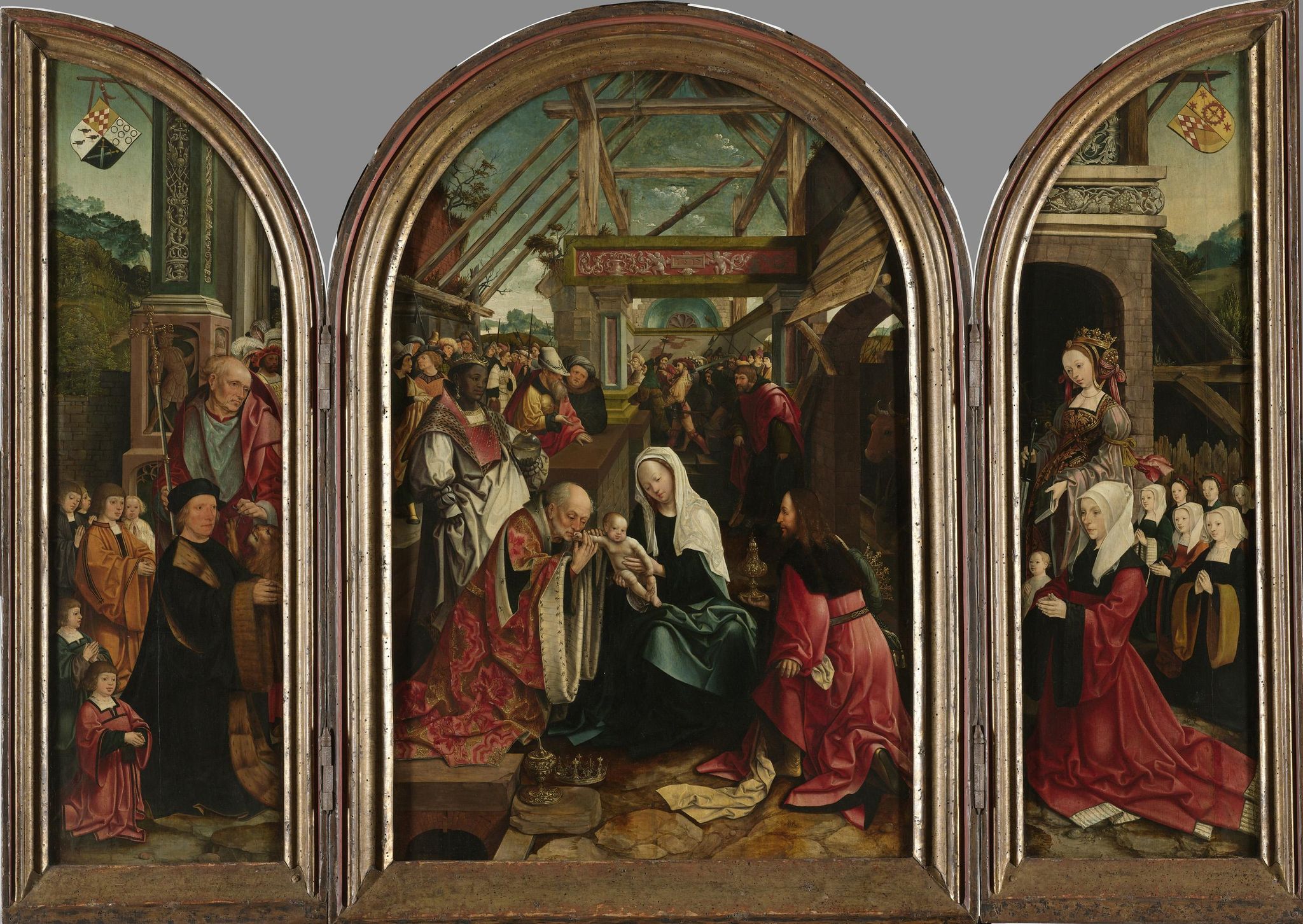 Triptych with the Adoration of the Magi (centre panel), the Donor and his Six Sons with St Jerome (inner left wing), the Donor’s Wife and her Seven Daughters with St Catherine of Alexandria (inner right wing), St Christopher (outer left wing) and St Antony Abbot (outer right wing)