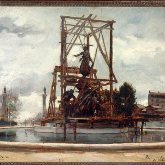 Mise en place du monument du "Triomphe de la République" de Jules Dalou, place de la Nation, en 1899