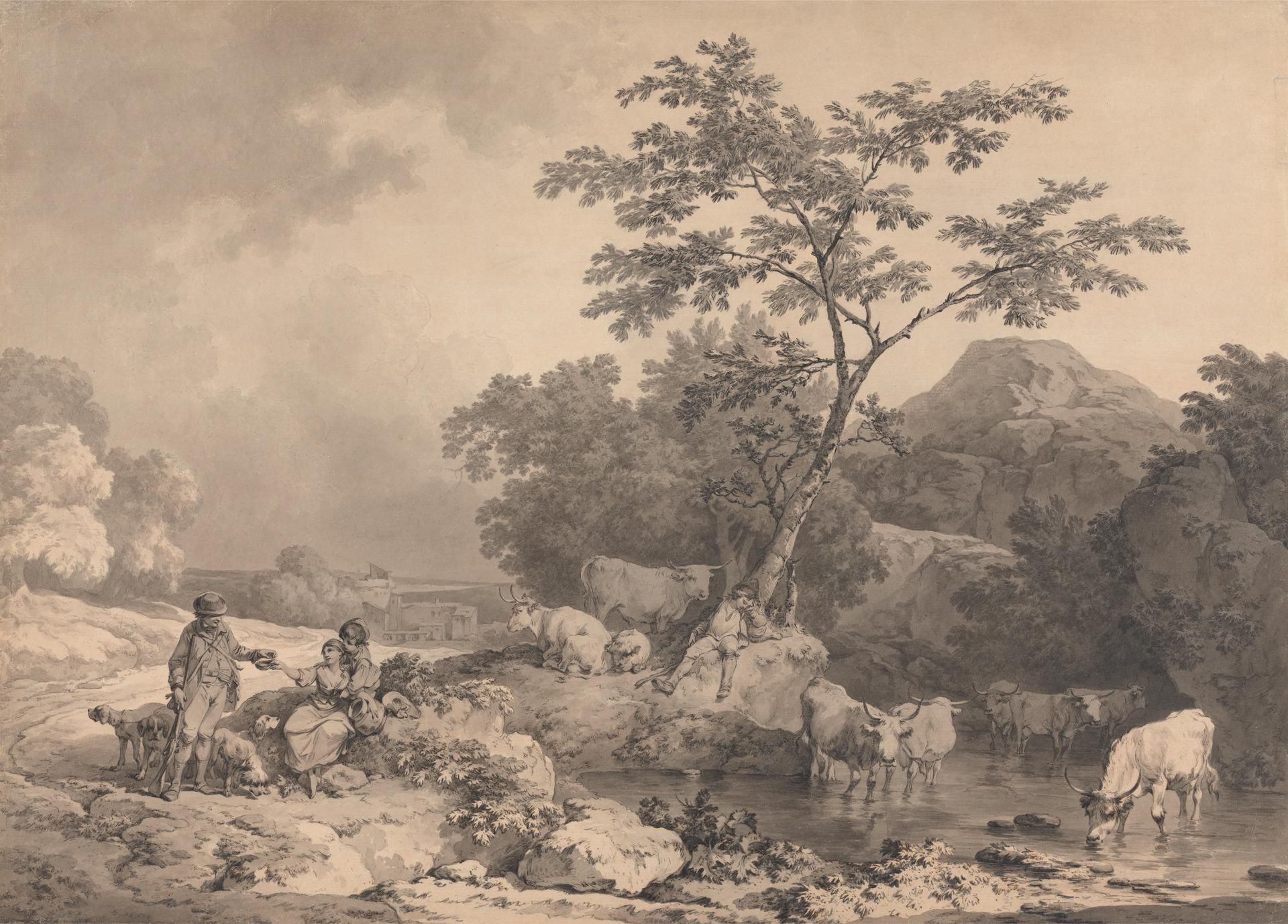 Figures by a stream with cattle watering