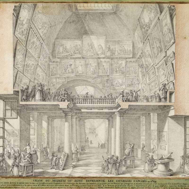 Projet rétrospectif pour la présentation des ouvrages de l'Académie au Salon carré du Louvre en 1789.