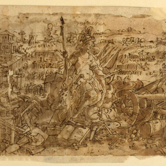 Recto: Minerva, or "Arma" (Allegory of the Art of War), preliminary design for pl. 2 in the Schema, seu Speculum Principum (Skills of a Prince) series; Verso, above: Deer Hunt with Lassos; Below: Board Hunt with Shotguns