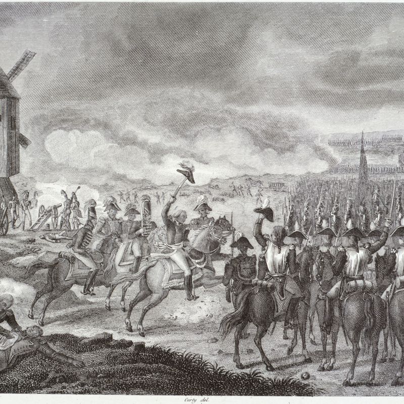 Bataille près du moulin de Valmy (Champagne). Volontaires nationaux de Kellermann et Dumouriez assaillant les soldats prussiens de Brunswick, 20 septembre 1792.  Révolution française.