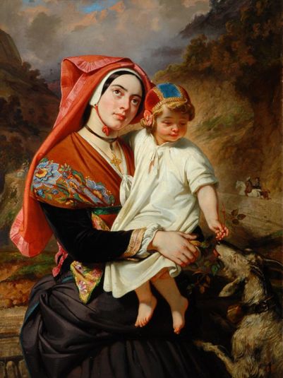 Young woman of the Valley of Ossau with her child