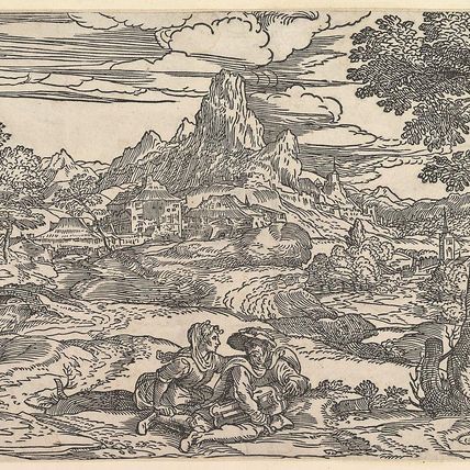 Landscape with a woman seated next to a man playing a hurdy-gurdy