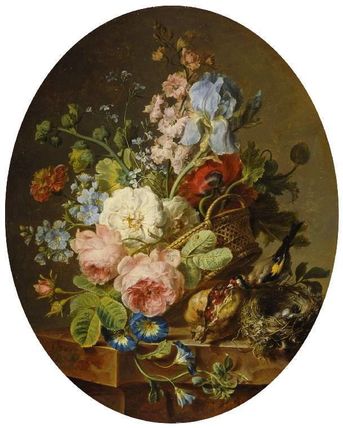 Open wicker basket of mixed flowers, including iris, roses, poppies, hollyhock, marygold, larkspur and convolulus on a marble ledge with an open pomegrante and a goldfinch with its nest