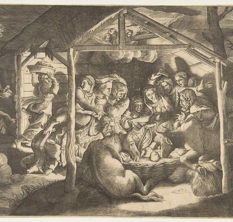 The adoration of the shepherds, various figures surrounding the Christ Child in the centre
