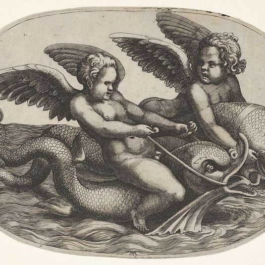 Two winged putti riding parallel on dolphins above the water surface, an oval composition