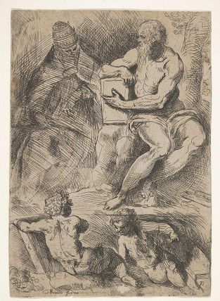 Sheet of studies with St. Jerome, seated at right and resting his right forearm on a book, at left an ecclesiastical figure wearing a cope and miter, and at bottom two putti