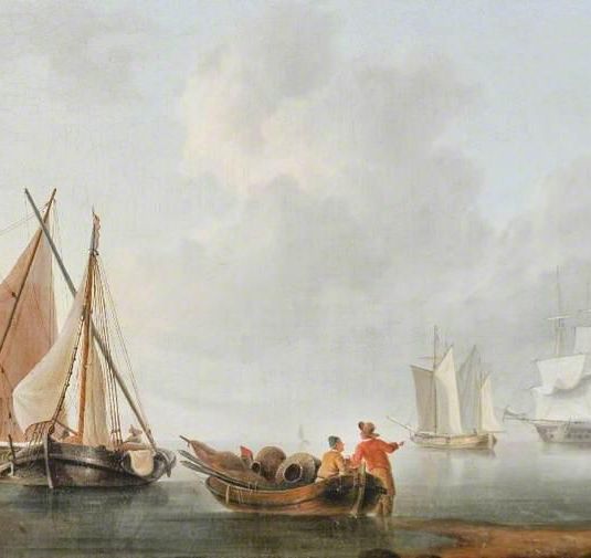 Fishermen and Boats with Two Sailing Ships Beyond