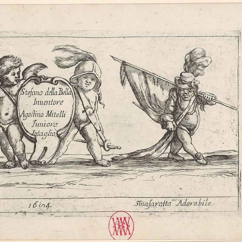 Callot figures; two children carrying a cartouche to left, a dwarf in a plumed hat carrying a standard at right, from 'Six grotesques' (Six pièces de figures grotesques)