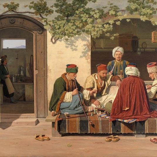 A party of chess players outside a Turkish coffeehouse and barbershop