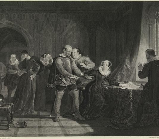 Mary Queen of Scots compelled to sign her abdication in the castle of Loch Leven