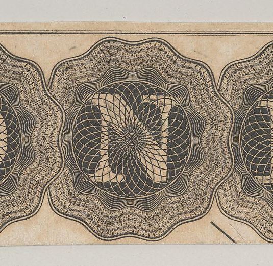 Banknote motif: the word ONE with each letter set against a circle of lathe work