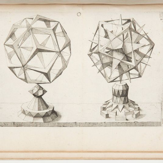 Plate O, F.IIII, Rhombentrikontaeder und Ikosaeder (Rhombic Triacontrahedron and Icosahedron), Perspectiva Corporum Regularium (Perspective of the Regular Bodies)