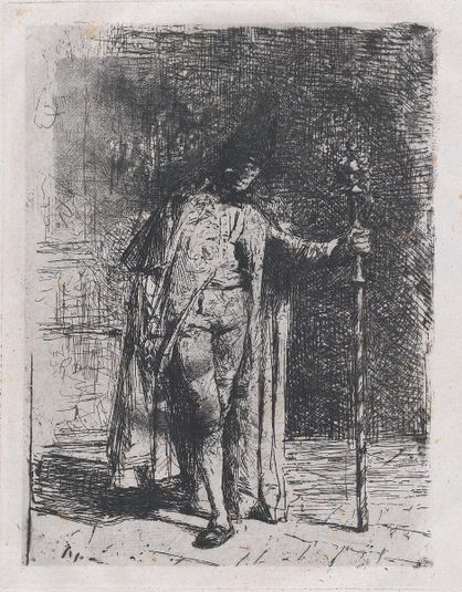 Master of ceremonies, a man standing facing the viewer holding a staff in his left hand