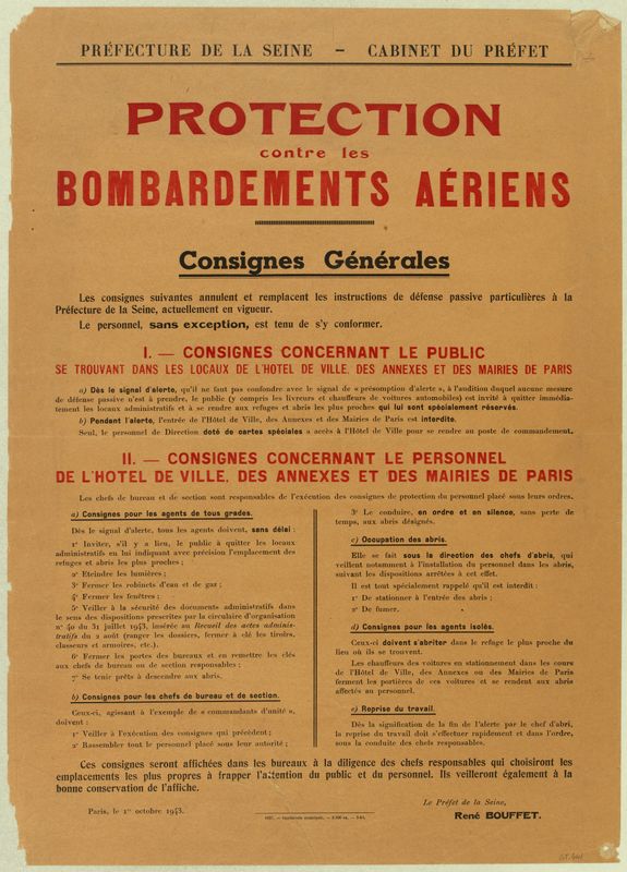 Préfecture de la Seine – cabinet du préfet / Protection / contre les / bombardements aériens / Consignes générales
