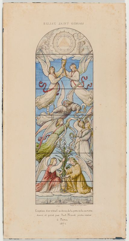 Projet de vitrail pour l'église Saint-Gervais : Anges tenant les attributs de la Passion et des lys