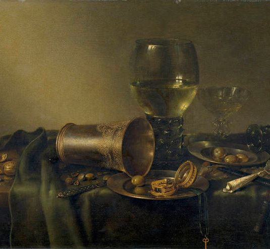 Bodegón con taza de plata, copa Roemer y ostras