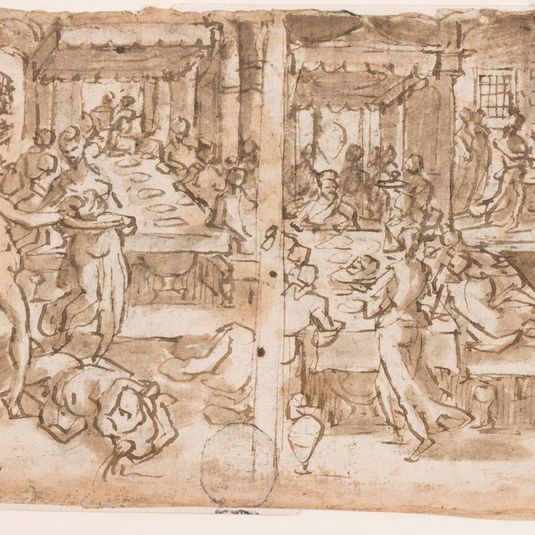 Recto, right: Beheading of St. John the Baptist, Recto, left: Salome given the head of St. John the Baptist by the executioner, design for pl.10 in the Life of St. John the Baptist Verso: The Body of Alfonso Piccolomini (1551 - 1591), Sienese Outlaw Hung in Florence March 16, 1591