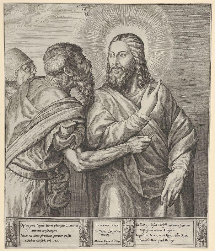 The Tribute Money: two Pharisees, one holding out a coin in his right hand, approach Christ from the left