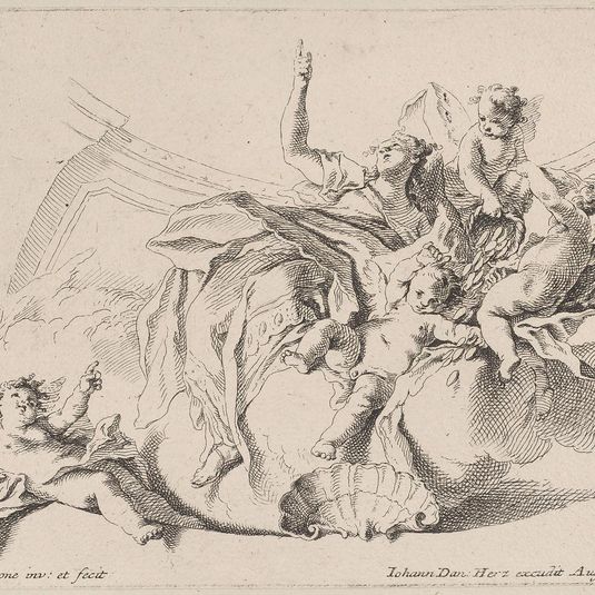 Wealth, represented by a woman seated on clouds and surrounded by putti, one of whom is pouring coins