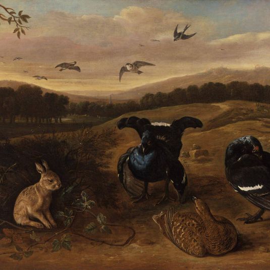Black Game, Rabbits, and Swallows in a Park